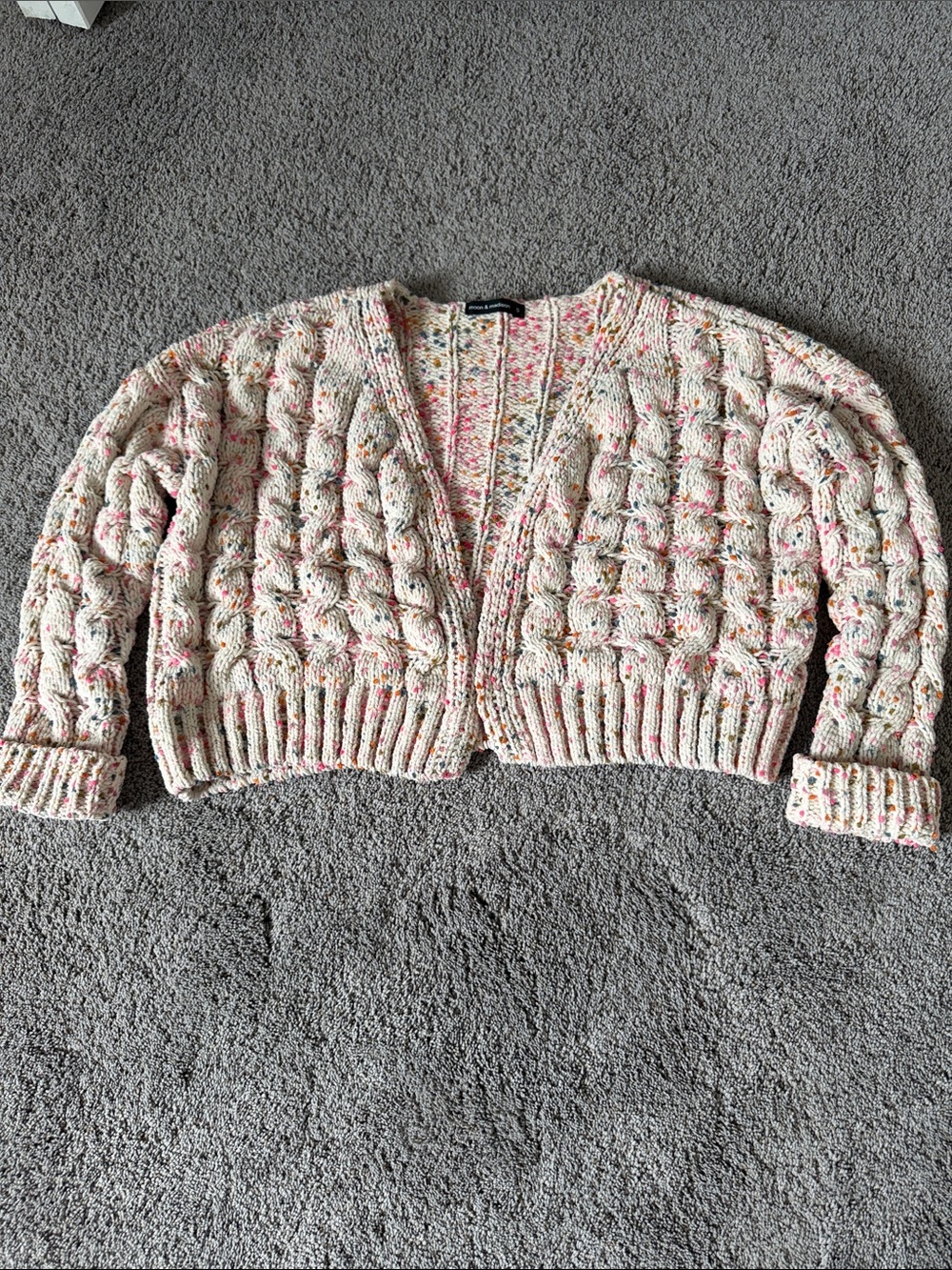 moon & madison Cream Cropped Confetti Cable Cardigan